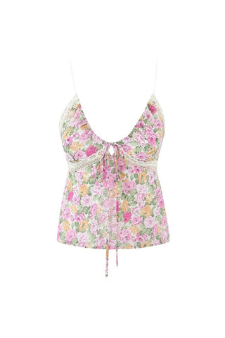 Floral Tie Front V Neck Spaghetti Strap Lace Trim Smocked Tank Top