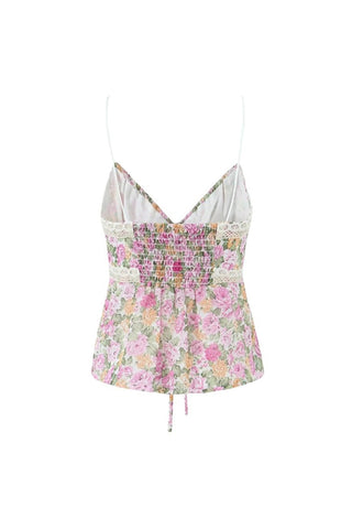 Floral Tie Front V Neck Spaghetti Strap Lace Trim Smocked Tank Top