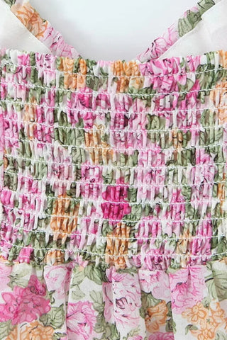 Floral Tie Front V Neck Spaghetti Strap Lace Trim Smocked Tank Top