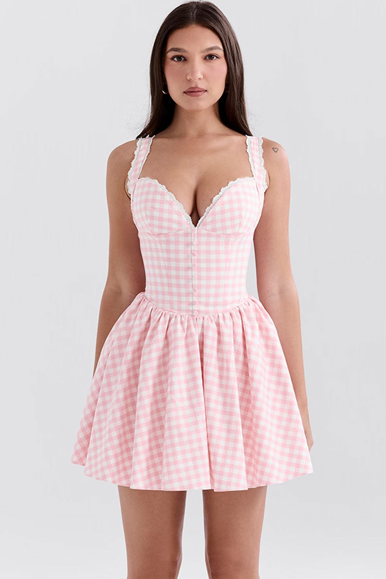 Gingham Lace Sweetheart Bustier Gathered Tulle Micro Mini Sundress