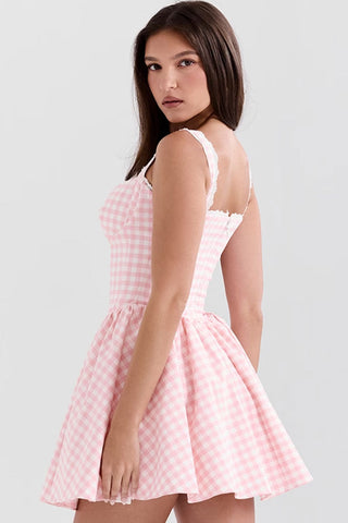 Gingham Lace Sweetheart Bustier Gathered Tulle Micro Mini Sundress