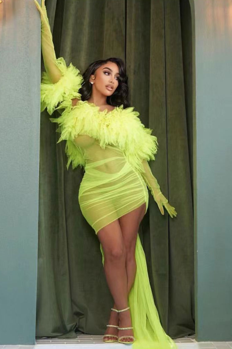 Gloved Ruffle Off Shoulder Draped Sheer Ruched Mesh Mini Dress - Neon Yellow
