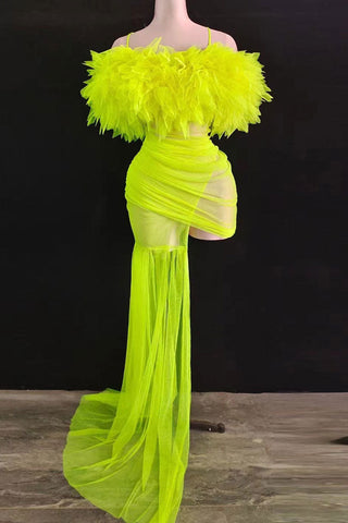 Gloved Ruffle Off Shoulder Draped Sheer Ruched Mesh Mini Dress - Neon Yellow