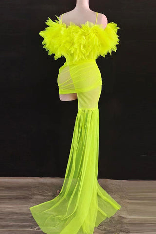 Gloved Ruffle Off Shoulder Draped Sheer Ruched Mesh Mini Dress - Neon Yellow