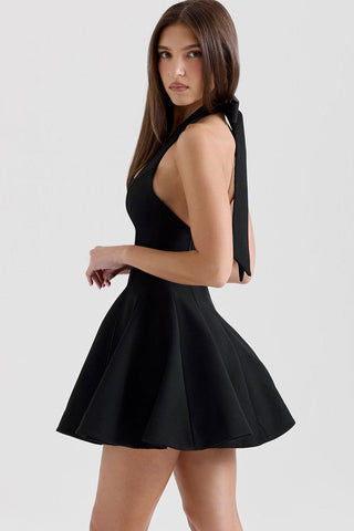 Halter Bow Tie Ladder A Line Flare Hem Sleeveless Party Mini Dress