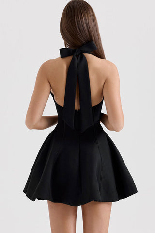 Halter Bow Tie Ladder A Line Flare Hem Sleeveless Party Mini Dress