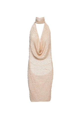 Halter Cowl Neck Cutout Backless Sequin Crochet Knit Club Mini Dress