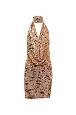 Halter Cowl Neck Cutout Backless Sequin Crochet Knit Club Mini Dress