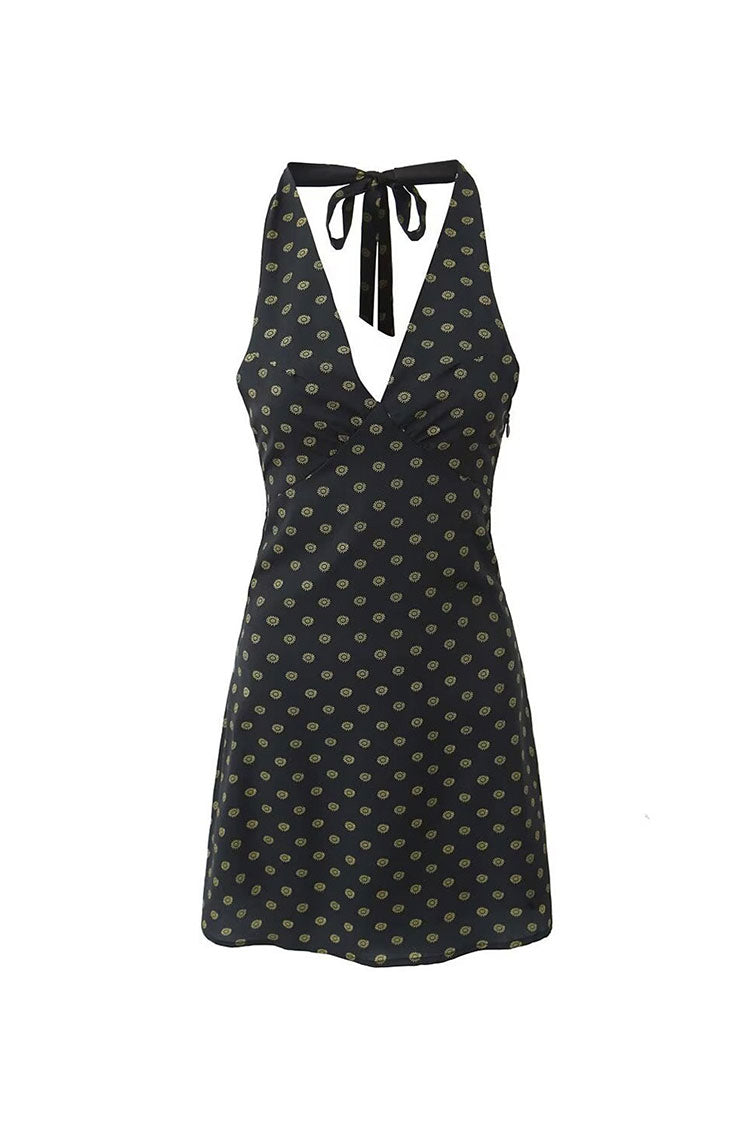 Halter Tie Deep V Floral Printed Sleeveless Summer Mini Sundress