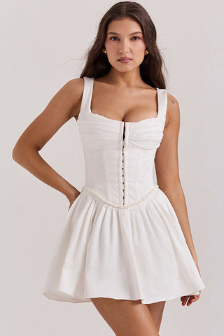 Hook & Eye Drop Waist Pleated Corset Summer Mini Sundress - White