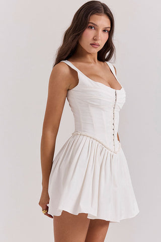 Hook & Eye Drop Waist Pleated Corset Summer Mini Sundress - White