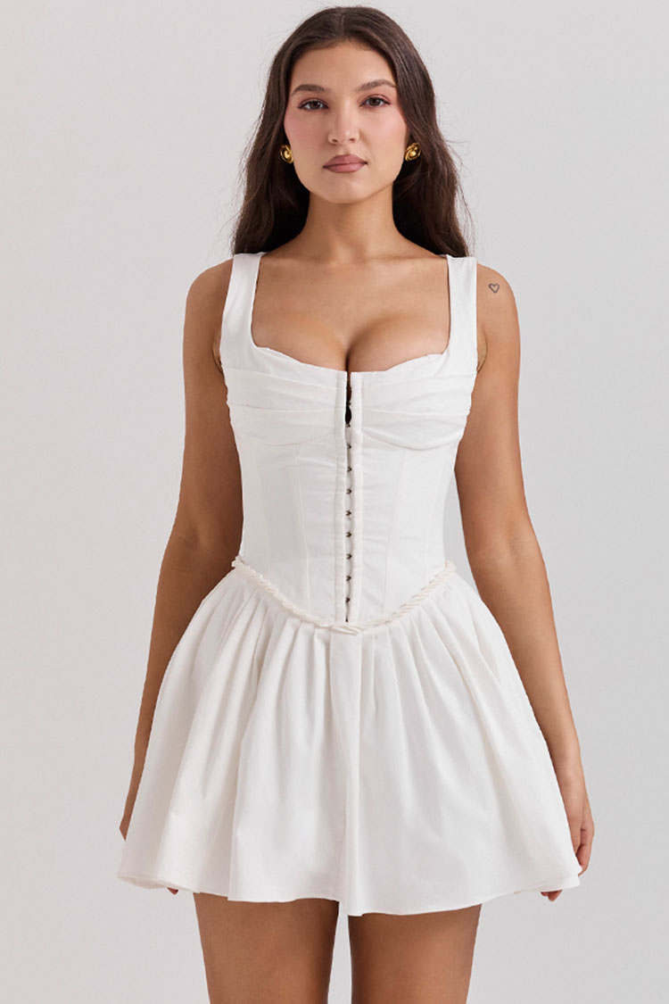 Hook & Eye Drop Waist Pleated Corset Summer Mini Sundress - White