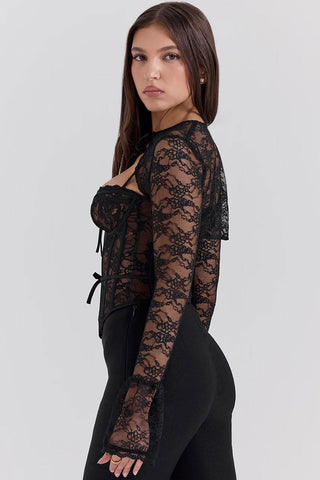 Lace Long Sleeve Bolero Bustier Corset Cinch Waist Party Crop Top
