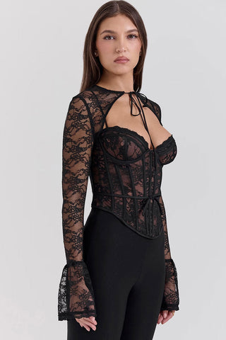 Lace Long Sleeve Bolero Bustier Corset Cinch Waist Party Crop Top