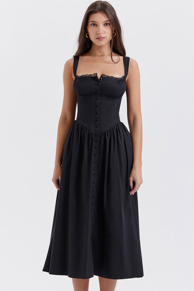 Lace Square Neck Lace Up Back Fit & Flare Midi Sundress - Black