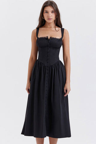Lace Square Neck Lace Up Back Fit & Flare Midi Sundress - Black