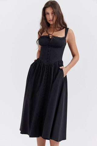 Lace Square Neck Lace Up Back Fit & Flare Midi Sundress - Black