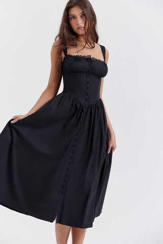 Lace Square Neck Lace Up Back Fit & Flare Midi Sundress - Black