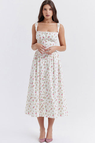 Lace Square Neck Lace Up Back Fit & Flare Midi Sundress - Floral