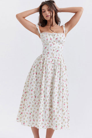 Lace Square Neck Lace Up Back Fit & Flare Midi Sundress - Floral