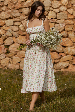 Lace Square Neck Lace Up Back Fit & Flare Midi Sundress - Floral