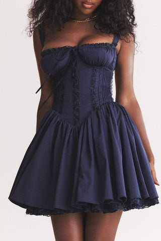 Lace Square Neck Tie Front Lace Up Back Drop Waist Mini Sundress - Navy