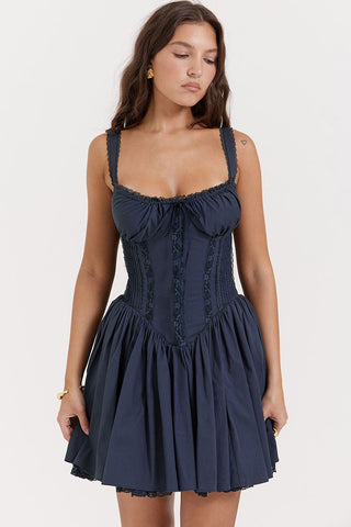 Lace Square Neck Tie Front Lace Up Back Drop Waist Mini Sundress - Navy