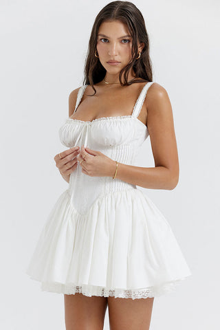 Lace Square Neck Tie Front Lace Up Back Drop Waist Mini Sundress - White