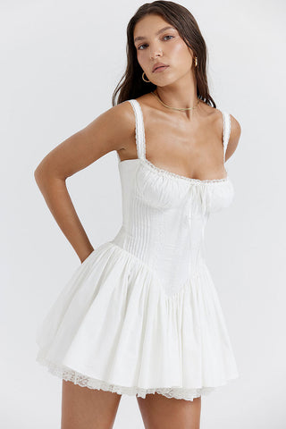 Lace Square Neck Tie Front Lace Up Back Drop Waist Mini Sundress - White