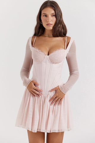 Lace Sweetheart Long Sleeve Drop Waist Corset Party Mini Dress - Pink