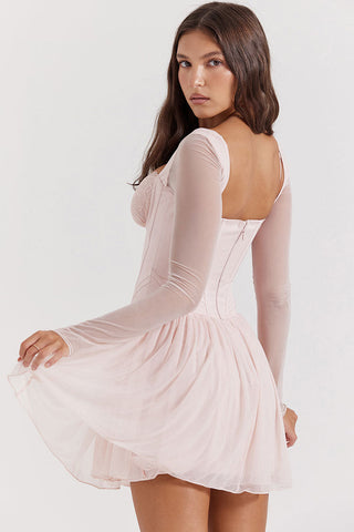 Lace Sweetheart Long Sleeve Drop Waist Corset Party Mini Dress - Pink