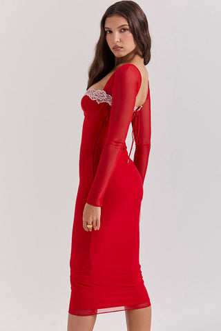 Lace Sweetheart Long Sleeve Lace Up Bodycon Cocktail Midi Dress - Red