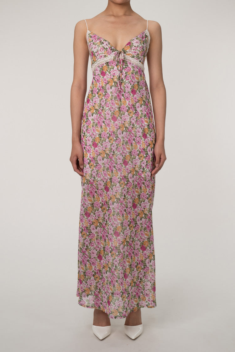 Lace Trim Tie Neck Spaghetti Strap Floral Printed Slip Maxi Sundress
