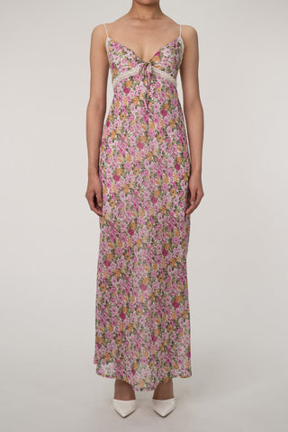 Lace Trim Tie Neck Spaghetti Strap Floral Printed Slip Maxi Sundress