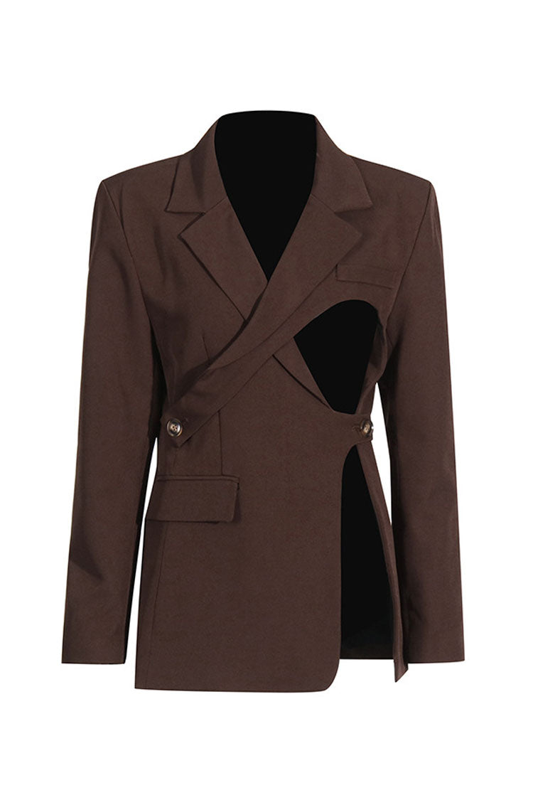 Lapel Collar Button Side Strong Shoulder Long Sleeve Split Cutout Blazer