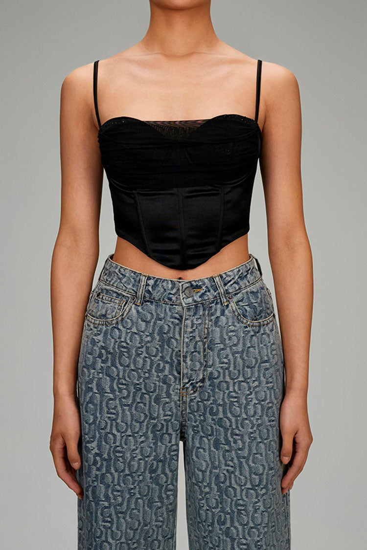 Layered Mesh Rhinestone Bustier Sweetheart Corset Crop Tank Top