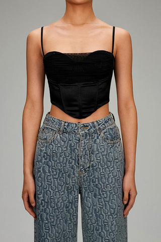 Layered Mesh Rhinestone Bustier Sweetheart Corset Crop Tank Top
