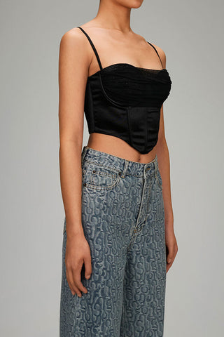 Layered Mesh Rhinestone Bustier Sweetheart Corset Crop Tank Top