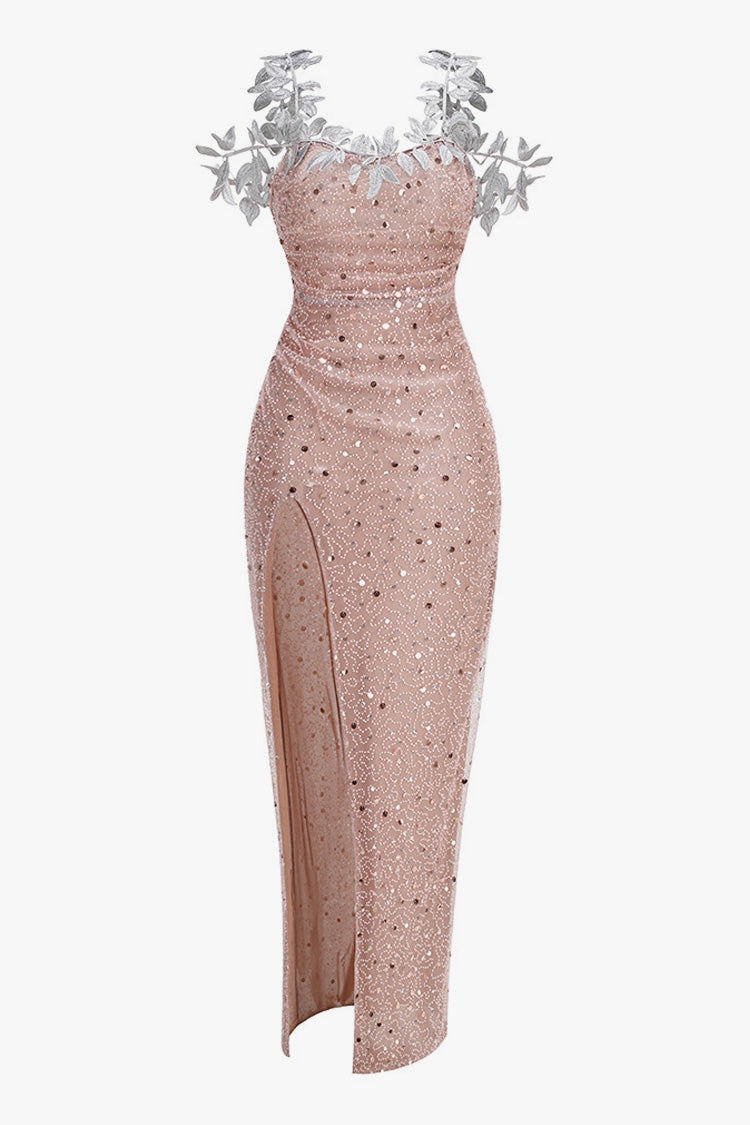 Leaf Cold Shoulder Embellished Sequin Mesh Split Evening Maxi Dress
