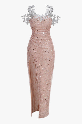 Leaf Cold Shoulder Embellished Sequin Mesh Split Evening Maxi Dress