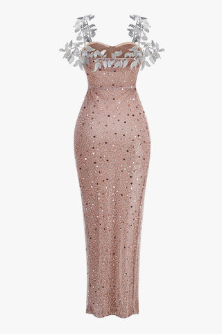 Leaf Cold Shoulder Embellished Sequin Mesh Split Evening Maxi Dress