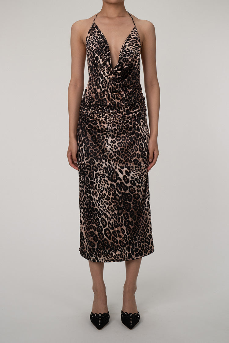 Leopard Cowl Neck Halter Tie Sleeveless Ruched Cocktail Midi Dress