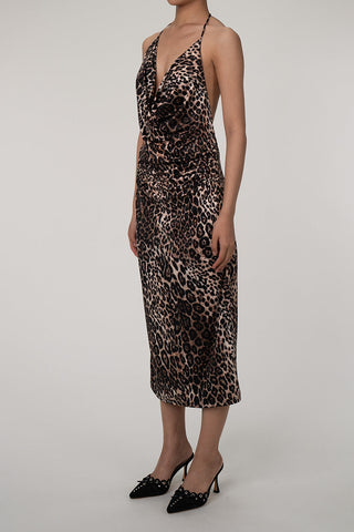 Leopard Cowl Neck Halter Tie Sleeveless Ruched Cocktail Midi Dress