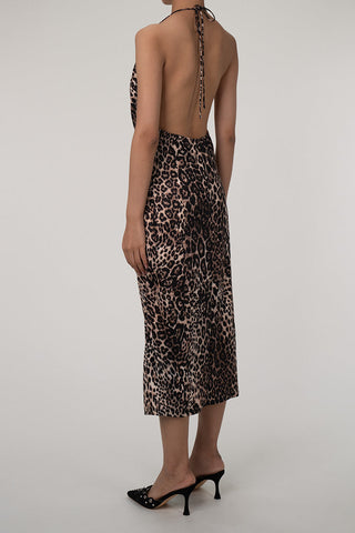 Leopard Cowl Neck Halter Tie Sleeveless Ruched Cocktail Midi Dress