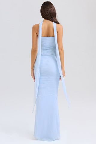 Mesh Scarf Strapless Crop Corset Ruched Maxi Skirt Two Piece Dress