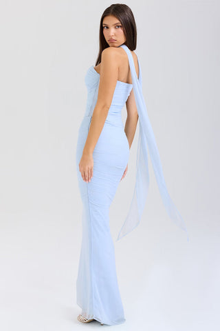 Mesh Scarf Strapless Crop Corset Ruched Maxi Skirt Two Piece Dress