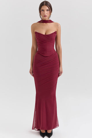 Mesh Scarf Strapless Crop Corset Ruched Maxi Skirt Two Piece Dress