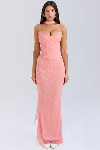 Mesh Scarf Strapless Crop Corset Ruched Maxi Skirt Two Piece Dress