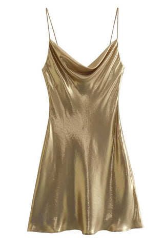 Metallic Cowl Neck Crystal Spaghetti Strap Sleeveless Party Mini Dress