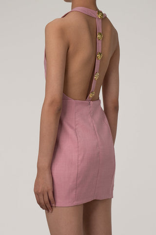 Metallic Rose Button T Back Sleeveless Twill Sheath Party Mini Dress